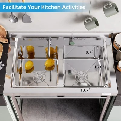 Compartment Stainless Steel Utility Sink With Backsplash, Freestanding Laundry Sink, Cleaning Washing Station For Garage, Kitchen, Backyard 12 Compartment Stainless Steel Utility Sink With Backsplash, Freestanding Laundry Sink, Cleaning Washing Station For Garage, Kitchen, Backyard - Image 10