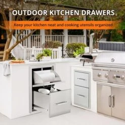 Outdoor Kitchen Drawers With Paper Towel Holder, Triple BBQ Access Drawers, Stainless Steel Flush Mount BBQ Island Drawers For Outdoor Kitchen