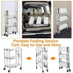 Folding Utility Cart, Stainless Steel Collapsible Service Cart 133 Lbs Large Loading Per Shelf, Sturdy 3-Tier Rolling Cart With Wheels Lockable -Furniture GUEST c39ddfdf 9041 42ee 9963 50e501e7efcc
