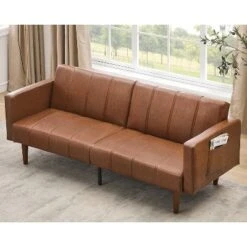 75" Futon Sofa Bed Mid-Century Futon Couch, PU Leathe Convertible Sleeper Couch With Adjustable Backrest, Loveseat And Side Pockets For Living Room -Furniture GUEST c5228312 9246 4a94 b414 99899a4bee0e