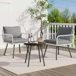 TROPOW 3-Piece Grey Outdoor Patio Furniture Set ¨C L-Shaped Rattan Sofa With Coffee Table & Cushions For Garden/Balcony (Boho Style) -Furniture GUEST c65c6c3d 8c5f 4df2 a9cd 0acea96307a8