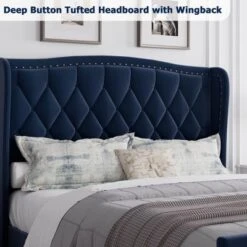 Bed Frame, Platform Bed With Velvet Upholstered Wingback Headboard - Wooden Slat Support, No Box Spring Needed, Easy Assembly -Furniture GUEST c7b8f71f 2800 442a aedc c398c9092742