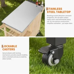 TROPOW Solid Wood Outdoor Grill Cart ¨C Stainless Steel Top With Spice Rack & Wheels For Patio/Garden (Natural Wood Color) -Furniture GUEST c8726159 afa9 4cc7 ae17 65062880ec07