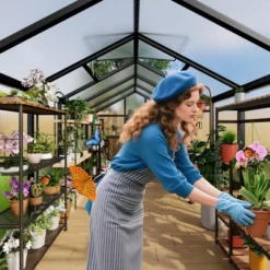 Greenhouse, 6x8 FT Walk-in - Heavy Duty Aluminum Polycarbonate Outdoor Greenhouse With Roof Vent, Sliding Lockable Door, Ground Nails, Black -Furniture GUEST c8accdf5 1896 4263 a3b0 135e0a25fa07