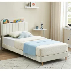 Twin Bed Frame With Bookcase Headboard, Velvet Upholstered Platform - Wooden Slat Support, Noise-Free, No Box Spring Needed, Easy Assembly -Furniture GUEST c9d02f7a 19ca 4309 81f7 477a0e951fad