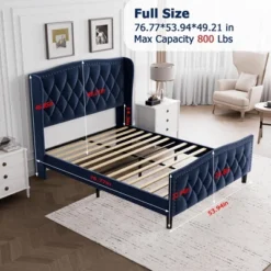 Bed Frame, Platform Bed With Velvet Upholstered Wingback Headboard - Wooden Slat Support, No Box Spring Needed, Easy Assembly