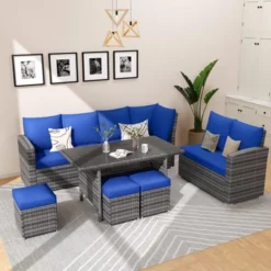 7 Piece Outdoor Patio Furniture Set, Rattan Deck Sectional Conversation Sofa Set With Dining Table, All-Weather 9 Seating Patio Sofa , Porch -Furniture GUEST ca8ce809 e021 4351 a9af 15635966381e