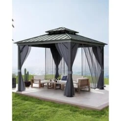 Hardtop Gazebo For All Weather, With Double Metal Roof, Aluminum Alloy Frame, Net, And Curtain, Permanent Building For Patio, Deck, Backyard, Lawn