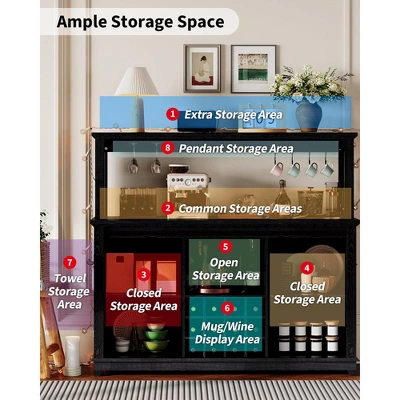 Coffee Bar Cabinet 55", Large Kitchen Hutch,Built-in Power Outlet, Tall Buffet Cabinet With Barn Sliding Door, Wine Glass Rack & Ample Storage 5 Coffee Bar Cabinet 55", Large Kitchen Hutch,Built-in Power Outlet, Tall Buffet Cabinet With Barn Sliding Door, Wine Glass Rack & Ample Storage - Image 3