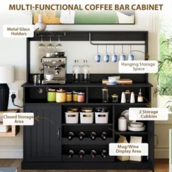 TROPOW 47"Farmhouse Coffee Bar Cabinet With 5 Hooks, Buffet Cabinet With Power Outlets, Goblet Holder, Sideboard Cabinet With Wine Rack Hutch Cabinet -Furniture GUEST ceeb37f5 bd10 4d63 9acb 3746c69b5103