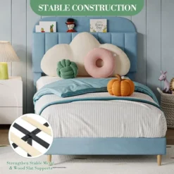 Twin Bed Frame With Bookcase Headboard, Velvet Upholstered Platform - Wooden Slat Support, Noise-Free, No Box Spring Needed, Easy Assembly -Furniture GUEST cef8c3ac e4b6 4804 8419 dbc8abc4a34d