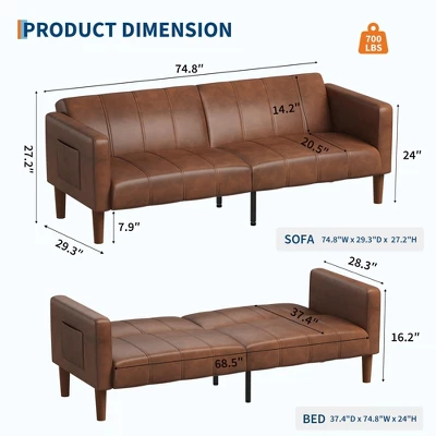 75" Futon Sofa Bed, Convertible Sleeper, Faux Leather Small Couch, Loveseat, Mid-Century Modern Couch For Living Room, Bedroom, Brown 7 75" Futon Sofa Bed, Convertible Sleeper, Faux Leather Small Couch, Loveseat, Mid-Century Modern Couch For Living Room, Bedroom, Brown - Image 5