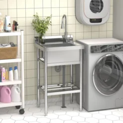 TROPOW Silver Stainless Steel Utility Sink – Freestanding Single Bowl With Pull-Out Faucet For Kitchen/Laundry/Garage -Furniture GUEST d10b0d35 5894 4cd1 958f e4b8759e7457