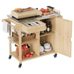 TROPOW Solid Wood Outdoor Grill Cart ¨C Stainless Steel Top With Spice Rack & Wheels For Patio/Garden (Natural Wood Color) -Furniture GUEST d16b4238 6061 4847 a91d 63ac816bcf1a