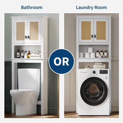 63" Over The Toilet Storage Cabinet,Farmhouse Over Toilet Bathroom Organizer With Rattan Doors,Freestanding Wood Above Toilet Storage Cabinet ,White 6 63" Over The Toilet Storage Cabinet,Farmhouse Over Toilet Bathroom Organizer With Rattan Doors,Freestanding Wood Above Toilet Storage Cabinet ,White - Image 4