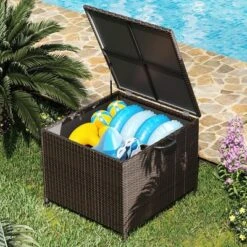 Outdoor Storage Deck Box, 80 Gallon Rattan Patio Furniture Storage Bins With Lid, Waterproof Outside Organizer Cabinet