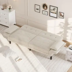 89" Futon Sofa Bed, Modern Sleeper Sofa With Adjustable Backrest & Armrest, Convertible Futon Couch Bed With 2 Pillows For Living Room, Bedroom