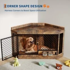 51.3" Corner Dog Crate Furniture With 360¡ã Rotating Feeder, Decorative Dog Crates Dog Cage TV Stand Wooden Dog Kennel End Table -Furniture GUEST d33e70b7 6909 40ae a494 0f8bccb51891