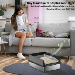 Stainless Steel Cat Litter Box With Lid Large Litter Box For Big Cats Non-Stick Stainless Steel Litter Box High Sides,Anti-Leakage 8"Deep