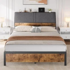 Queen Size Bed Frame With Ergonomic Upholstered Headboard & Charging Station, Platform Bedframe With 3-Tier Storage Space