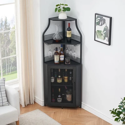 TROPOW Corner Bar Rack Cabinet With Detachable Wine Rack, Bar Cabinet With Glass Holder, Small Sideboard And Buffet Cabinet With Mesh Door 4 TROPOW Corner Bar Rack Cabinet With Detachable Wine Rack, Bar Cabinet With Glass Holder, Small Sideboard And Buffet Cabinet With Mesh Door - Image 2