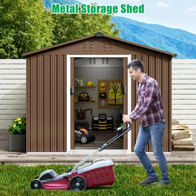 TROPOW 8x12 FT Outdoor Storage Shed, Metal Garden Shed With Lockable Door,and Sloped Roof, Utility Metal Tool Storage Sheds For Backyard, Brown 3 TROPOW 8x12 FT Outdoor Storage Shed, Metal Garden Shed With Lockable Door,and Sloped Roof, Utility Metal Tool Storage Sheds For Backyard, Brown