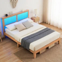 Bed Frame With Natural Rattan Headboard, Platform Queen Bed Frame With Lights, Mattress Foundation, Noise-Free -Furniture GUEST dc0004d9 7d44 4226 98eb 94a0943ce876