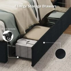 King Size Bed Frame With Tall Tufted Wingback Headboard, Platform Velvet Upholstered King Bed Frame With 4 Storage Drawers And Wooden Slats Support