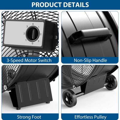 Floor Fan, Industrial Fan - 30 Inch High Velocity Drum Fan, 330W 3 Speed Heavy Duty Metal Fan With Casters & Handle 5 Floor Fan, Industrial Fan - 30 Inch High Velocity Drum Fan, 330W 3 Speed Heavy Duty Metal Fan With Casters & Handle - Image 3