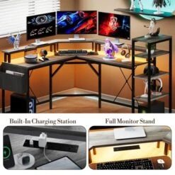 61 Inch L-Shaped Gaming Desk, Ergonomic Computer Desk, With 5-Tier Shelves, LED, Power Outlet & Storage Bag, Corner Computer Table, For Home Office -Furniture GUEST e018ecf5 b14c 4a9f 99ec 9143ccabbfdf