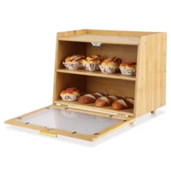 Bread Box, Double Layer Bamboo Kitchen Countertop Storage - Farmhouse Container With Window, Large Capacity For Bread, Rolls (Natural & Gold) -Furniture GUEST e121728d a3c9 4801 a757 cf933a09c092