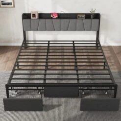 Bed Frame With Storage Headboard, Industrial Full Platform Bed With 2 Large Drawers And Charging Station, Black -Furniture GUEST e1d38d5a ecfa 40a7 9526 006ac0c04a32