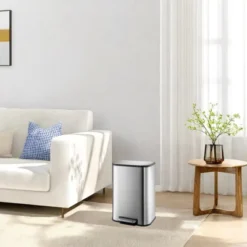 8 Gallon Kitchen Trash Can With Lid, Stainless Steel Garbage Can With Foot Pedal & Removable Inner Bucket, Rectangular Step On Waste Bin (Silver, 30L)