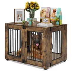 Dog Crate Furniture For Small Breeds - Chew-Resistant Dual-Door Kennel With Locking Wheels, Modern Farmhouse Indoor Pet End Table, Brown