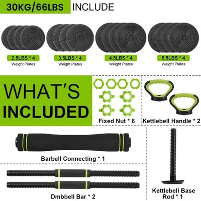 Adjustable Dumbbell And Kettlebell Set, 4 In 1, 66lbs /88lbs Weight Used As Kettlebells, Barbell, Push Up Stand For Home Gym, Green And Black 5 Adjustable Dumbbell And Kettlebell Set, 4 In 1, 66lbs /88lbs Weight Used As Kettlebells, Barbell, Push Up Stand For Home Gym, Green And Black - Image 3