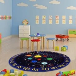 Kids Solar System Rug 4ft Round ¨C Non-Slip Outer Space Play Mat With ABC Alphabet, Ultra Soft Planet Carpet For Nursery, Playroom, Classroom ¨C Blue
