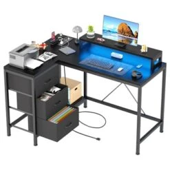 43 Inch Computer Desk, L Shaped Desk With Power Outlets And Led Lights, 3-Drawer Gaming Desk With Storage Shelves And Monitor Stand