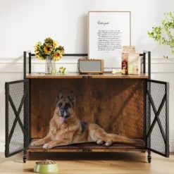 41 Inch Dog Crate Furniture, Heavy Duty Decorative Dog Cage With Lockable 360° Wheels,Double Door Dog Kennel End Table For For Small Medium Large Dog