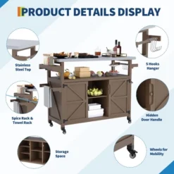 TROPOW Outdoor Grill Cart With Storage Cabinet, Farmhouse Solid Wood Kitchen Island On Wheels, Outdoor Grill Table With Stainless Steel Table Top -Furniture GUEST e7fe076a 6419 4882 bb60 34d448541b35