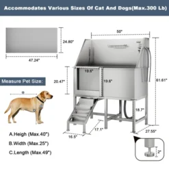 Pet Bath Tub - 50'' Professional Stainless Steel With Retractable Stairs, Faucet/Showerhead, Washing Gloves, For Large/Medium/Small Pets