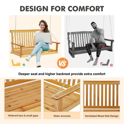 48in Heavy Duty Porch Swing - 440lb Capacity Outdoor Wooden Swing With Hanging Chains Ordinary Model, Rustic Natural Finish 10 48in Heavy Duty Porch Swing - 440lb Capacity Outdoor Wooden Swing With Hanging Chains Ordinary Model, Rustic Natural Finish - Image 8