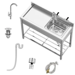 47.2"x19.7"x37" Stainless Steel Utility Sink, Freestanding Single Bowl With Pull-Out Hot & Cold Faucet, Drain Basket, Adjustable Legs -Furniture GUEST eb3ba42a b28a 4571 ad40 f9e6c9fd2788