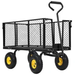Heavy Duty Steel Garden Cart, Pullable Metal Garden Wagon With 10" Wheels, 180° Rotating Handle And Removable Sides For Outdoor, Farm, Yard