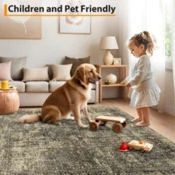 8x10 Rugs Washable Non-Slip - Vintage Floral Area Rug, Large Distressed Carpet, Soft Low Pile Machine Washable Rug (Green)