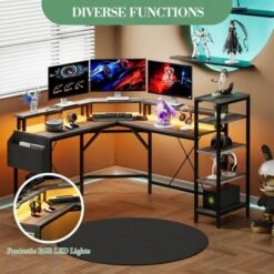 61 Inch L-Shaped Gaming Desk, Ergonomic Computer Desk, With 5-Tier Shelves, LED, Power Outlet & Storage Bag, Corner Computer Table, For Home Office -Furniture GUEST ef5b6a30 2743 467e 965d bb5dab460c6b