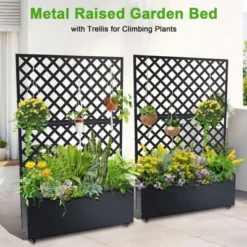 Metal Planter Box With Trellis, 71"x47"x12" Raised Garden Bed With Trellis & Wheels, Outdoor Garden Box With Privacy Screen & Drainage Holes
