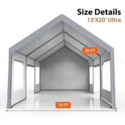 Carport, Portable Garage - 13x20 Ft Heavy Duty Galvanized Steel Canopy With All-Season Cover, 4 Roll-Up Doors & Windows (Grey) -Furniture GUEST f06a9c20 1675 4d73 b796 f74fec73d4ac