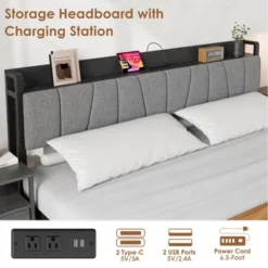 Bed Frame With Storage Headboard, Industrial Full Platform Bed With 2 Large Drawers And Charging Station, Black -Furniture GUEST f073dfcb 883d 4d58 a532 d65271196d3d