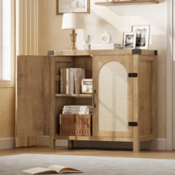 Boho Farmhouse Sideboard With Adjustable Shelves And Handle For Kitchen, Living Room, Natural