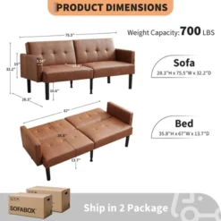 75.5” Convertible Futon Sofa Bed, Linen Flannel Small Couch Sofa With Wood Legs & 700lbs Capacity, Adjustable Folding Loveseat, Mid Century Modern